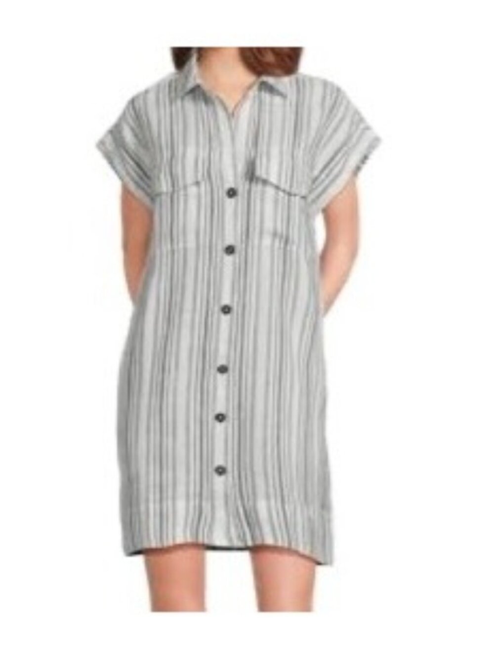 Madewell Sammy Dress~Size L~Black White Striped Print 100% Linen DAMAGE~L5 17